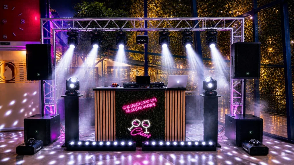Cabina de DJ con iluminación decorativa y neón durante una boda